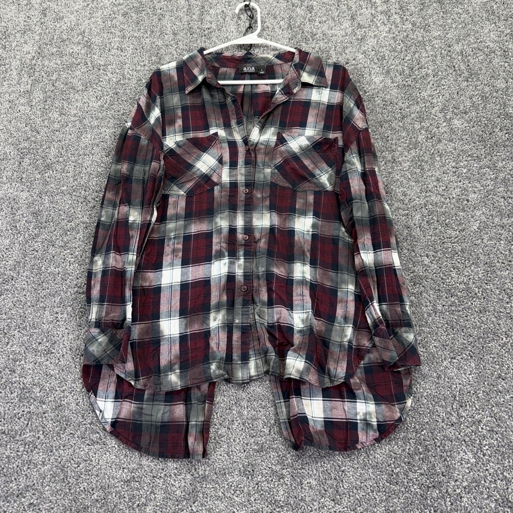 A.n.a A New Approach Shirt Womens L Red Plaid Flannel Button Up High Low Tunic